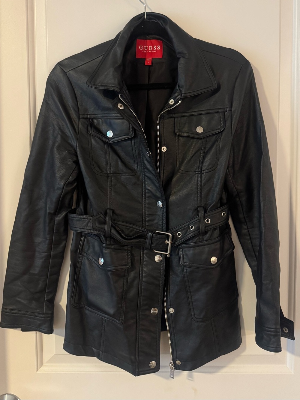 GUESS Black Leather Belted Trench Jacket